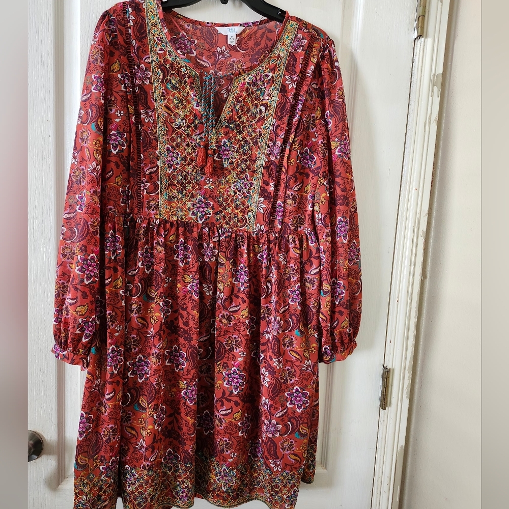 Time and Tru Size Medium Rust Floral Embroidered Long Sleeve Dress.